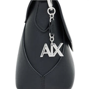 Armani Exchange women handbag black polyurethane with silver-tone ax logo charm hanging from top handle W28cm