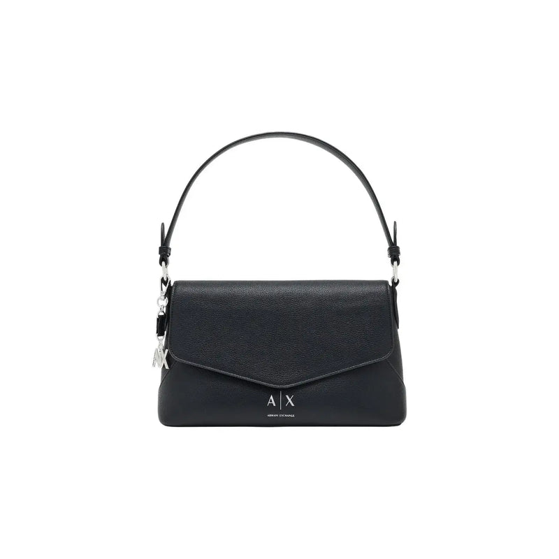 Armani Exchange women handbag black polyurethane with textured leather surface and silver logo detailing w28cm
