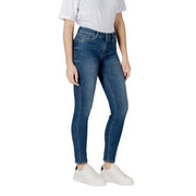 Armani Exchange women light blue cotton jeans shown as high-waisted dark blue denim with slim fit and subtle fading