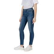 Armani Exchange women light blue cotton high-waisted slim-fit denim jeans with classic stitching and button fly