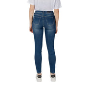 Dark blue slim fit denim jeans with classic back pockets shown from the back for Armani Exchange women