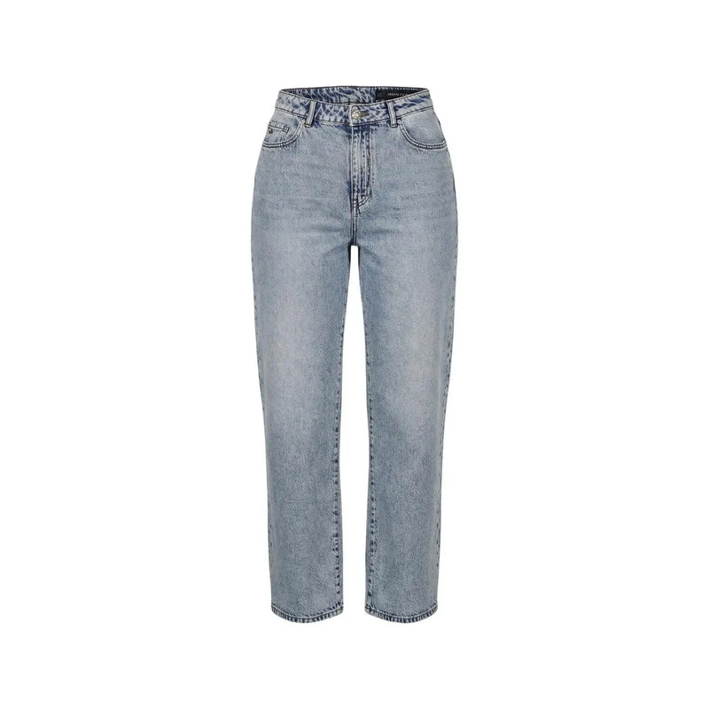 Armani Exchange Damenjeans aus hellblauer Lyocell-Baumwolle mit heller Waschung, hohem Bund und geradem Bein.