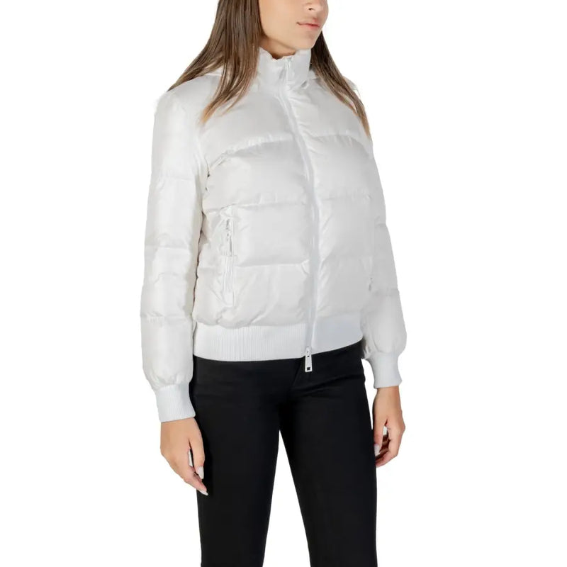 Women’s shiny white puffer jacket with high collar and full zip, Armani Exchange Women Long White Hooded Fall Winter Jacket