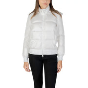 White puffer jacket with full zip closure from Armani Exchange Women Long White Hooded Fall Winter Jacket collection