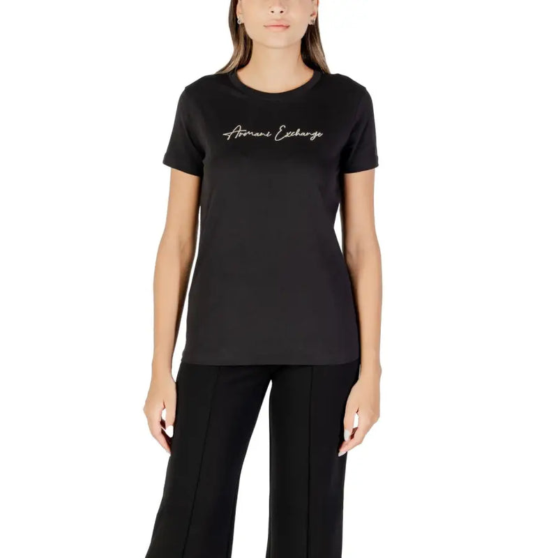 Black armani exchange women short cotton t shirt with white cursive logo for fall winter wear