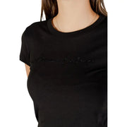 Armani Exchange women short sleeve black cotton t shirt with armani exchange embroidered in black sequins on the chest