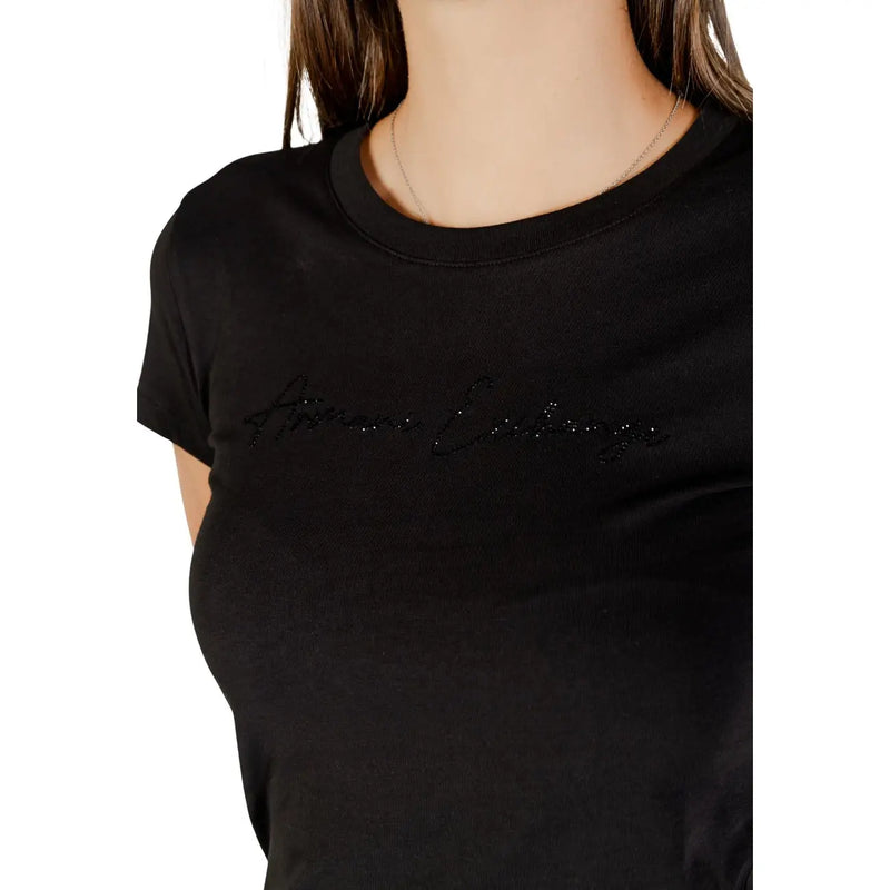 Armani Exchange women short sleeve black cotton t shirt with armani exchange embroidered in black sequins on the chest