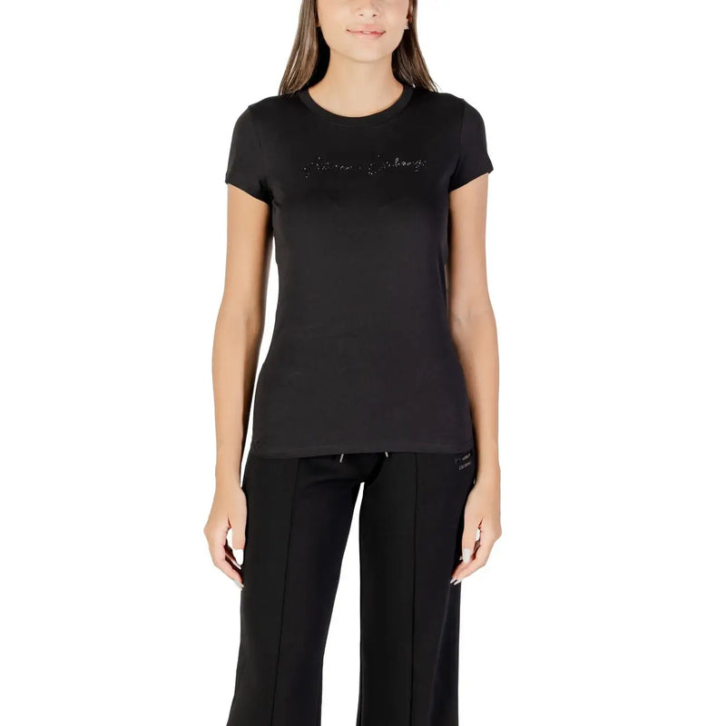Armani Exchange women short sleeve black cotton t shirt with a subtle sparkling vivienne westwood logo embroidered on chest