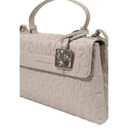 A cream-colored Armani Exchange women shoulder bag in beige polyester with embossed logo pattern and silver metal clasp