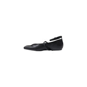 Armani Exchange women slip on black leather flat shoe with pointed toe and ankle strap made of synthetics