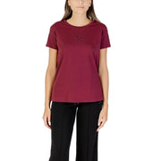 Woman wearing dark red Armani Exchange cotton T-shirt with sparkly chest embellishment