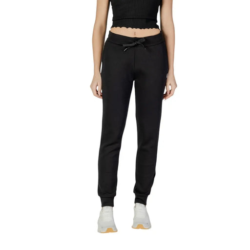 Armani exchange women black cotton jogger pants with drawstring waistband ribbed cuffs and lace detail