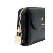 Armani Exchange women black leather zippered wallet with gold-tone hardware and padlock-style zipper pull 12cm