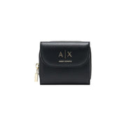 Armani Exchange women wallet black leather zip-around with gold-tone logo and zipper pull 12cm pocket size
