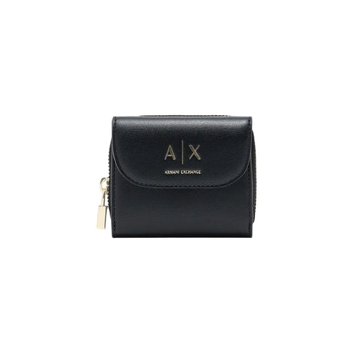 Armani Exchange women wallet black leather zip-around with gold-tone logo and zipper pull 12cm pocket size