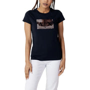 Navy blue Armani Exchange women short-sleeved cotton t-shirt with rectangular sequined ax logo on the chest
