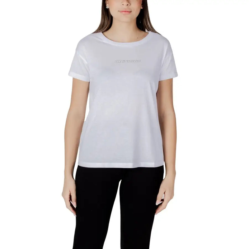 Armani Exchange women white cotton short-sleeved t shirt with subtle embroidered logo across the chest