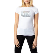 Armani Exchange Damen weiße Baumwolle t-shirt mit silbernem Pailletten-Axt-Logo auf der Brust