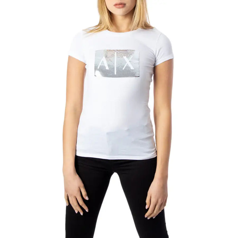 Armani Exchange Damen weiße Baumwolle t-shirt mit silbernem Pailletten-Axt-Logo auf der Brust