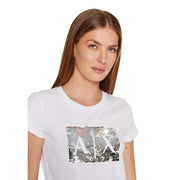 Armani Exchange women white cotton t-shirt with short sleeves and a bold rectangular silver sequin logo on front