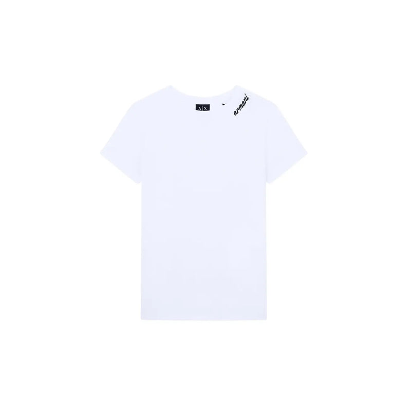 Armani Exchange women white cotton round neck t shirt with black logo and script branding on the collar