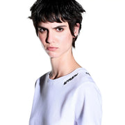 Armani Exchange women white cotton sweatshirt with black cursive branding on the shoulder and round neck design