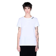 Armani Exchange women white cotton round neck t shirt with a subtle black logo on the left shoulder