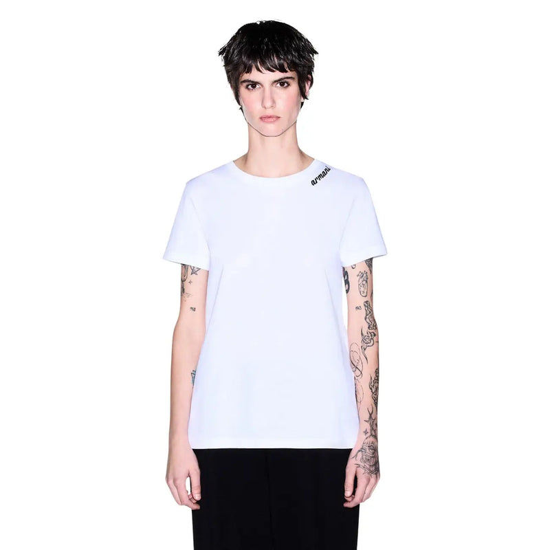 Armani Exchange women white cotton round neck t shirt with a subtle black logo on the left shoulder