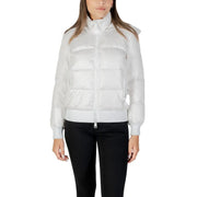 Armani Exchange Weiße, gesteppte Damen-Nylon-Pufferjacke mit hohem Kragen und gerippten Bündchen