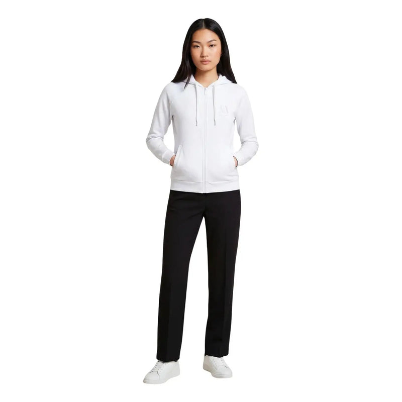 Armani Exchange women white zip-up hoodie with subtle chest logo and matching drawstrings in soft fabric