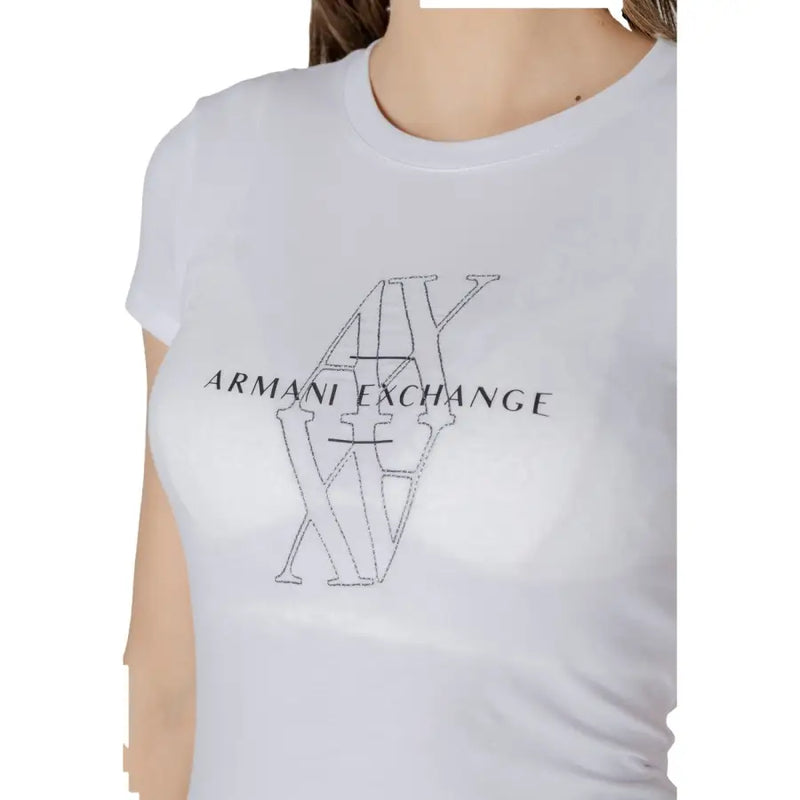 Armani Exchange women white cotton t-shirt with black outlined logo and brand name printed below on front side