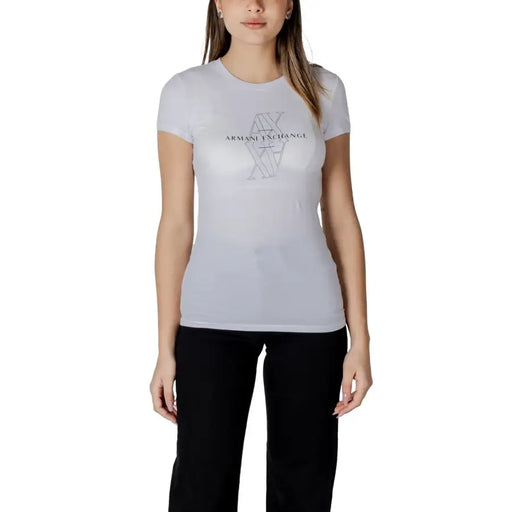 Armani Exchange women white cotton short-sleeved t-shirt with a black geometric logo printed on the chest