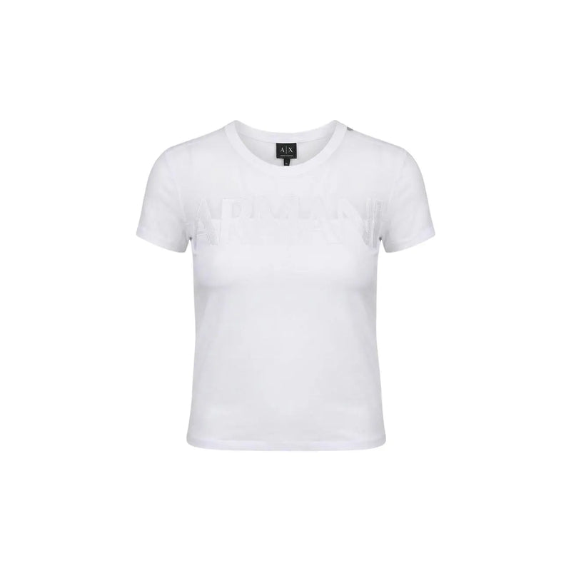 White armani exchange women round neck cotton top with short sleeves and subtle textured design across the chest
