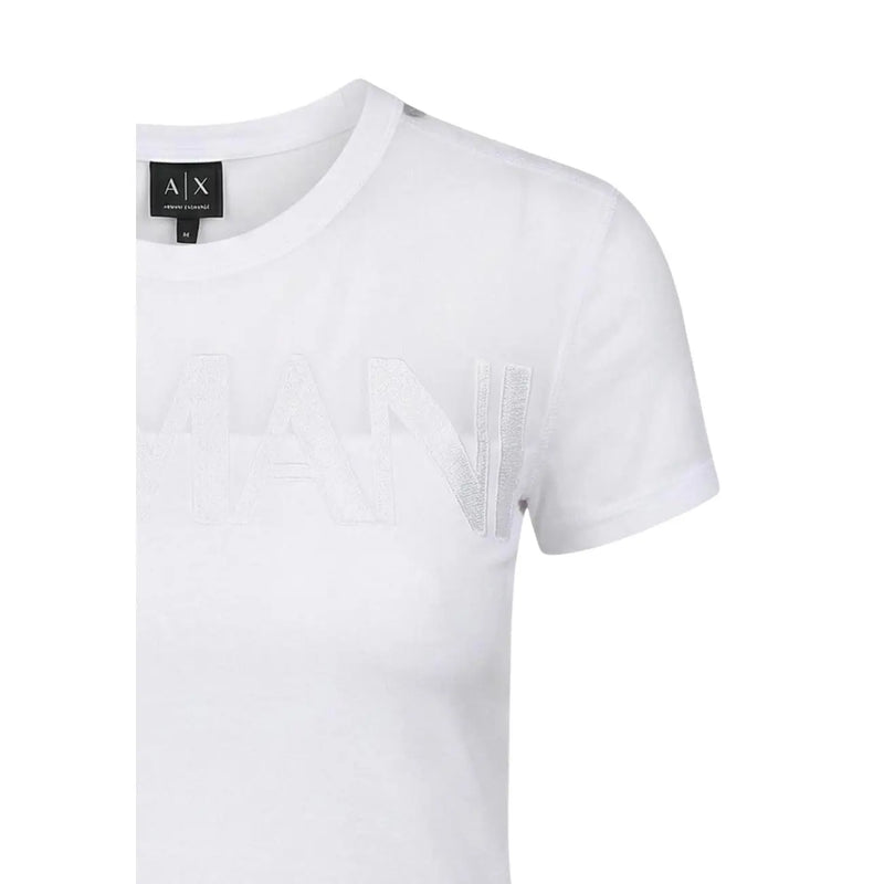 Armani Exchange women white round neck cotton top with subtle textured ax logo embroidery across the chest