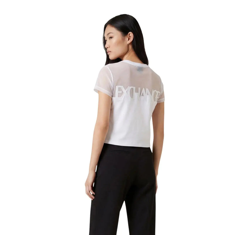 Back side of armani exchange women white round neck cotton top featuring white sheer mesh short sleeve crop top with exchange lettering
