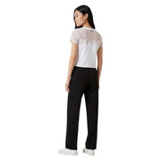 Armani Exchange women white round neck cotton top with sheer mesh overlay and silver exchange print on back side