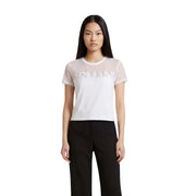 Armani Exchange women white round neck cotton top with white Armani logo and sheer mesh sleeves and body