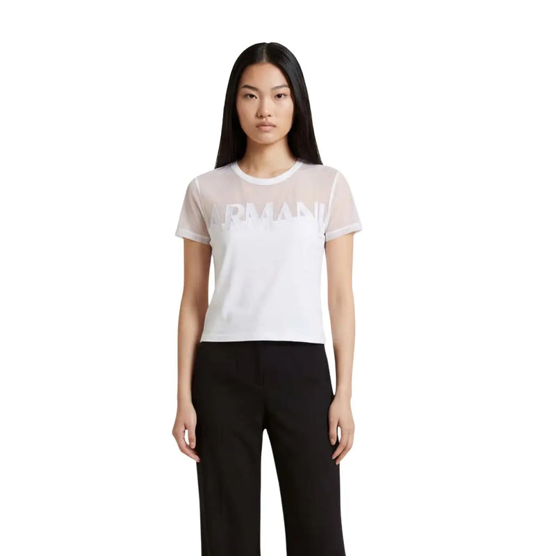 Armani Exchange women white round neck cotton top with white Armani logo and sheer mesh sleeves and body