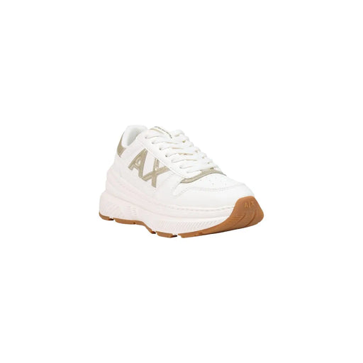 Armani Exchange Weiße Damen-Sneaker aus Polyurethan zum Hineinschlüpfen mit goldfarbenen Metallic-Akzenten und beiger Gummisohle