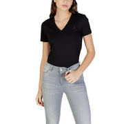 Armani Exchange women white v neck cotton t shirt short with black v neck short sleeve top and small embroidered logo on left chest