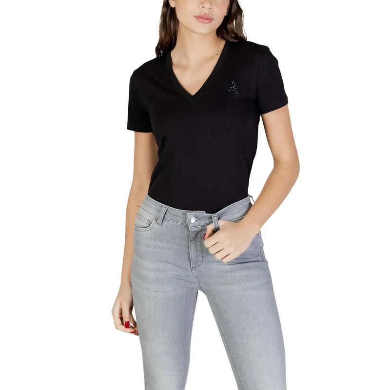 Armani Exchange women white v neck cotton t shirt short with black v neck short sleeve top and small embroidered logo on left chest