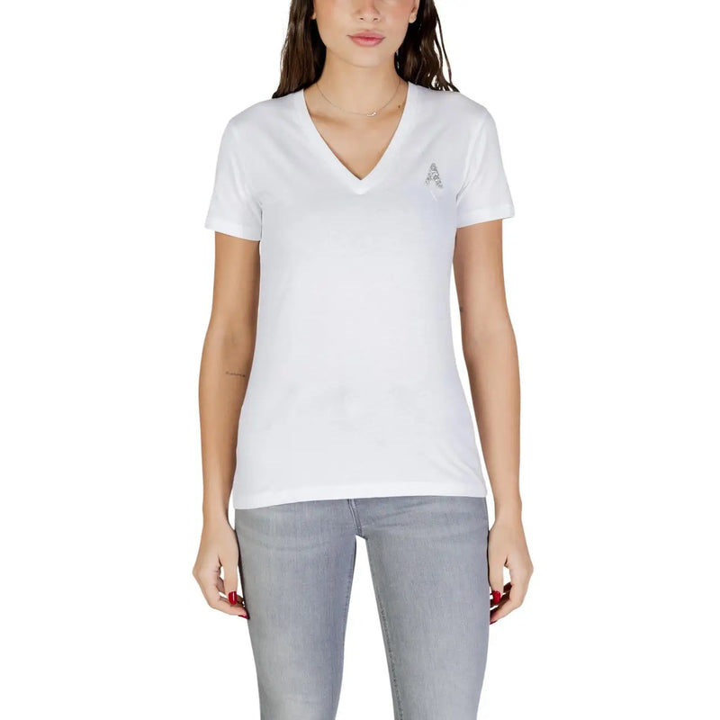 Armani Exchange women white cotton v neck t shirt with a small sparkling embroidered logo on the left chest