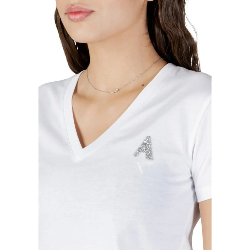 Armani Exchange women white v neck cotton t shirt with sparkling silver letter a embellishment on the chest