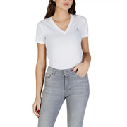 Armani Exchange women white cotton v neck t shirt with short sleeves and small embroidered logo on left chest