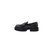 Armani exchange women’s black leather moccasin slippers with chunky ribbed sole and loafer design