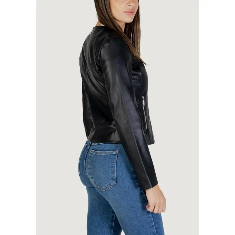 Armani Exchange women’s black polyester blazer with silver zippers and sleek glossy faux leather moto jacket finish