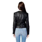 Armani Exchange women’s black faux leather moto jacket with sleek fitted design and subtle stitching details