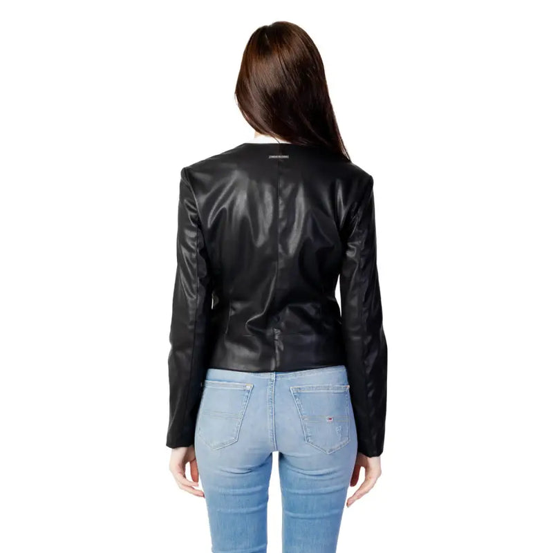Armani Exchange women’s black faux leather moto jacket with sleek fitted design and subtle stitching details