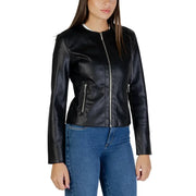 Armani Exchange women’s black faux leather bomber jacket with silver zippers and white inner collar