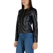 Armani exchange women’s black polyester blazer featuring silver zippers and a sleek fitted faux leather bomber jacket design
